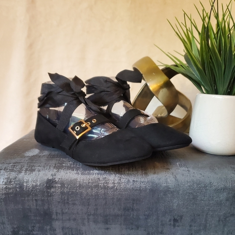 New Bamboo Cantel Black Ballet Flat Shoes Ribbon Lace Tie Ankle Shoes Size 7.5
